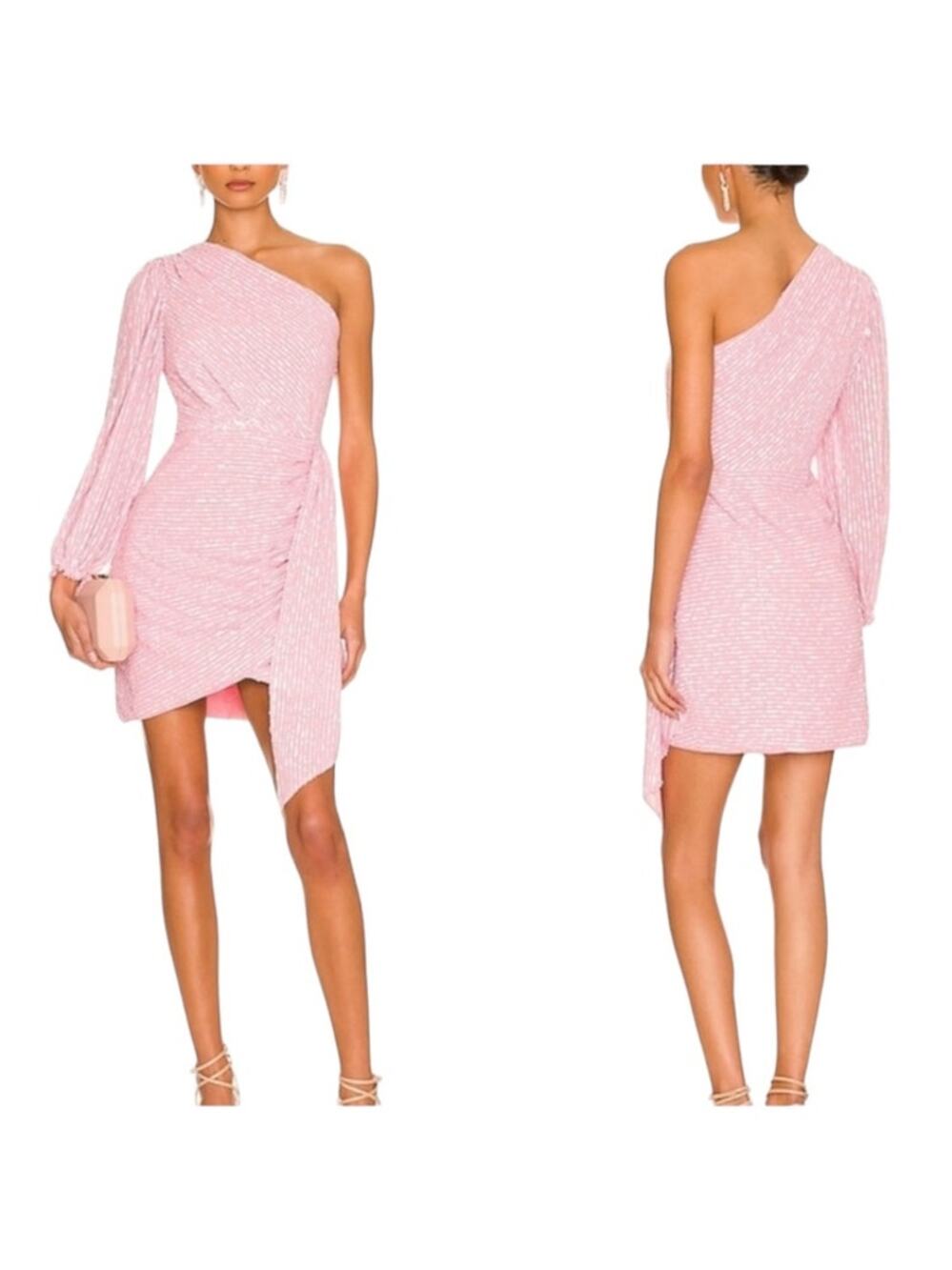 NWT Saylor Revolve Pink Sequin Ruched One Shoulder Formal Mini Dress Size Large